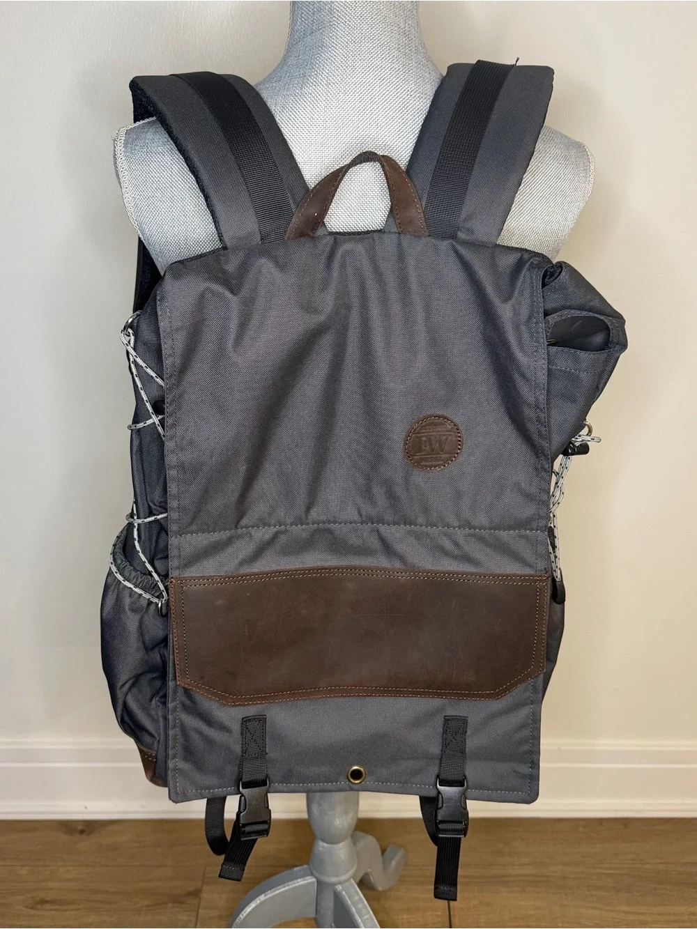 Faith Works handmade in Nepal Gray Canvas Backpack with Brown Leather Trim